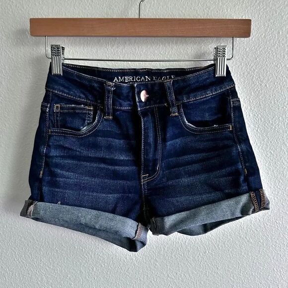 AMERICAN EAGLE | Distressed Cutoff Rolled Shorts Dark Wash | Size 0 (zero) - Picture 1 of 5